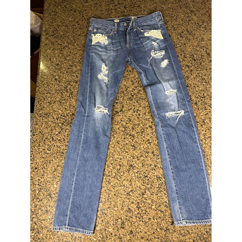 AG Adriano Goldschmied Piper Slouchy Slim Distressed Lace Jeans 27R Blue Denim